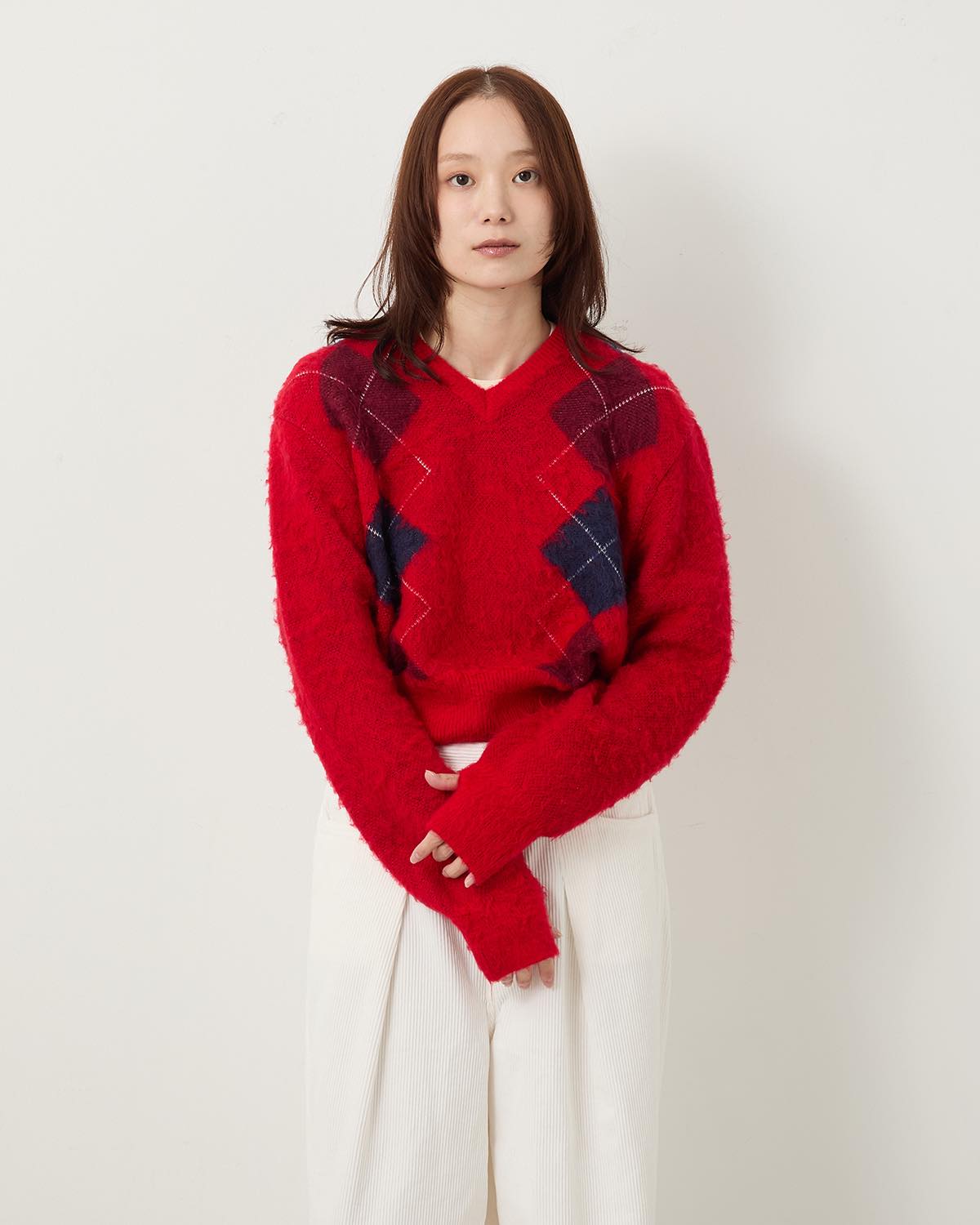 7G WOOL JACQUARD ARGYLE V NECK SHORT KNIT