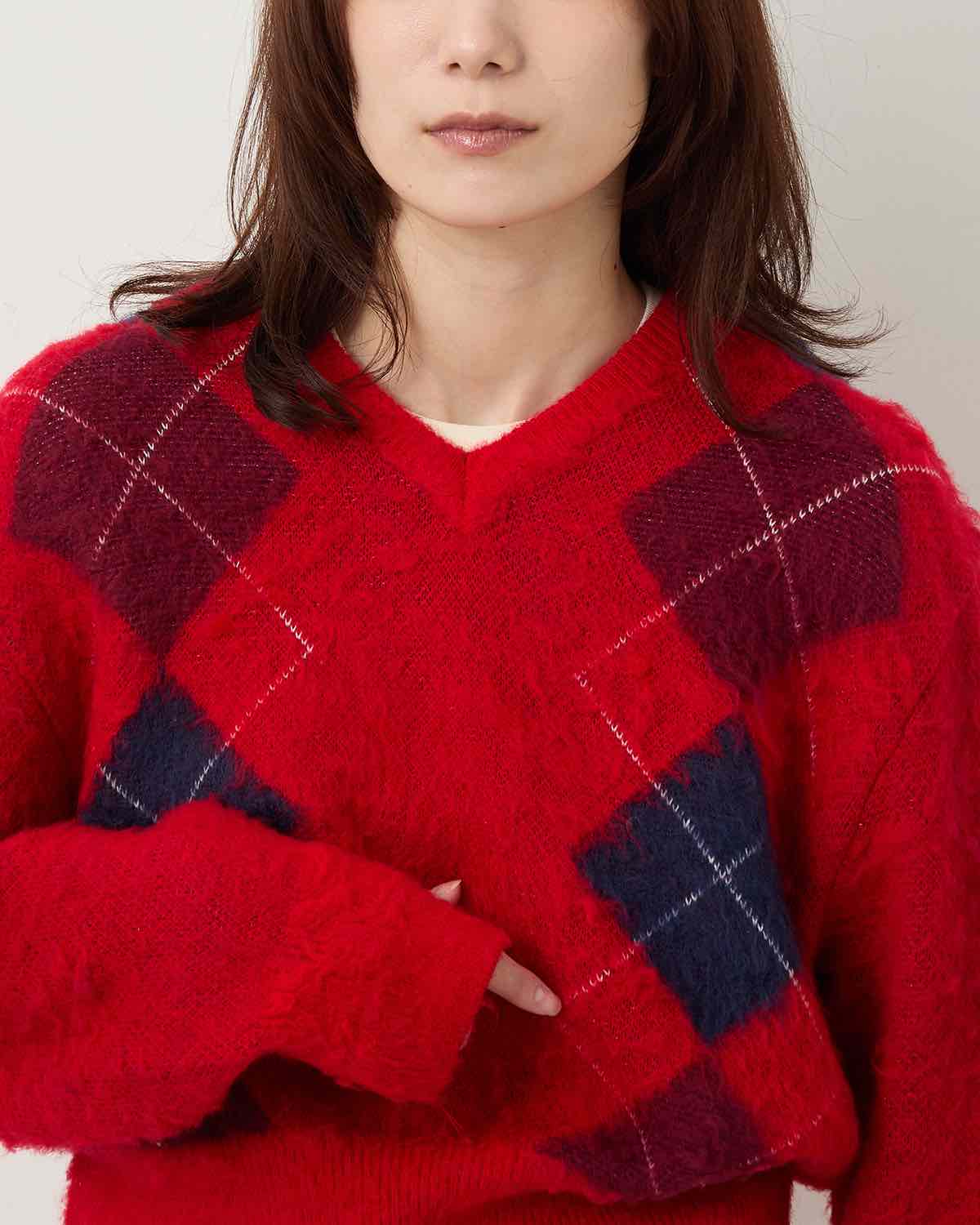 7G WOOL JACQUARD ARGYLE V NECK SHORT KNIT