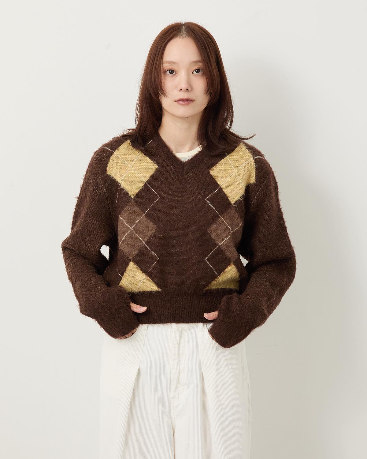 7G WOOL JACQUARD ARGYLE V NECK SHORT KNIT