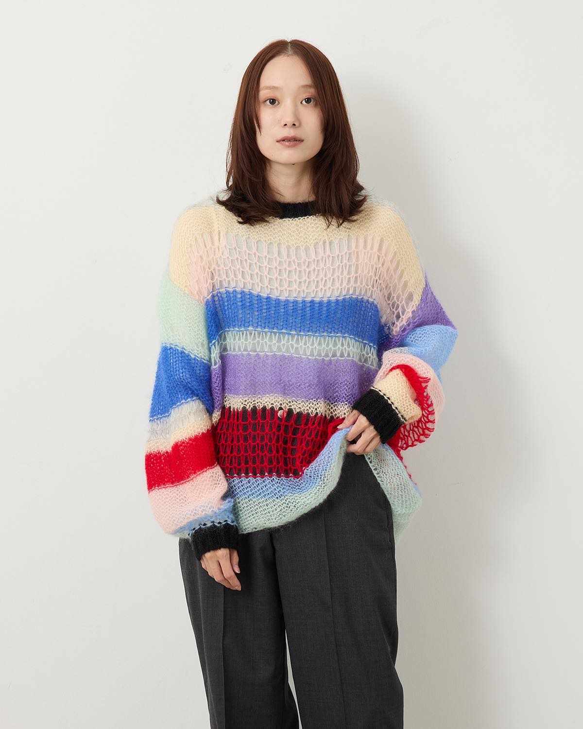 MOHAIR RANDOM BORDER CREW KNIT