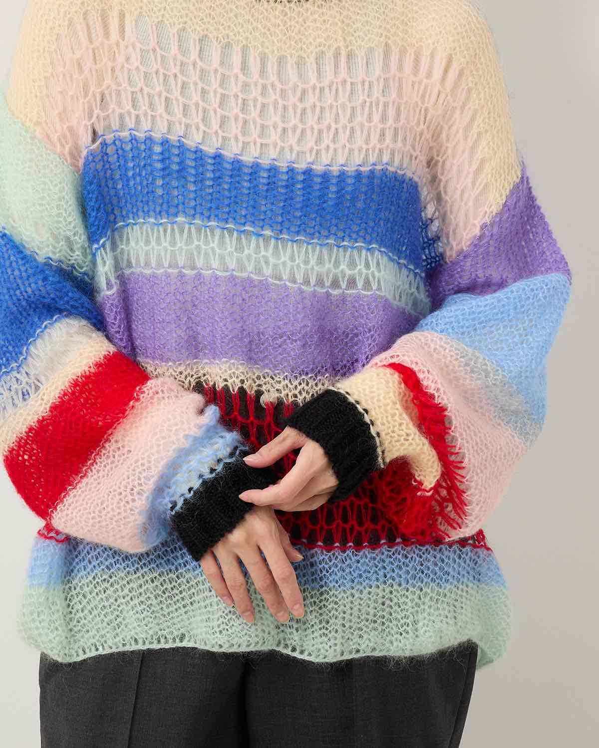 MOHAIR RANDOM BORDER CREW KNIT