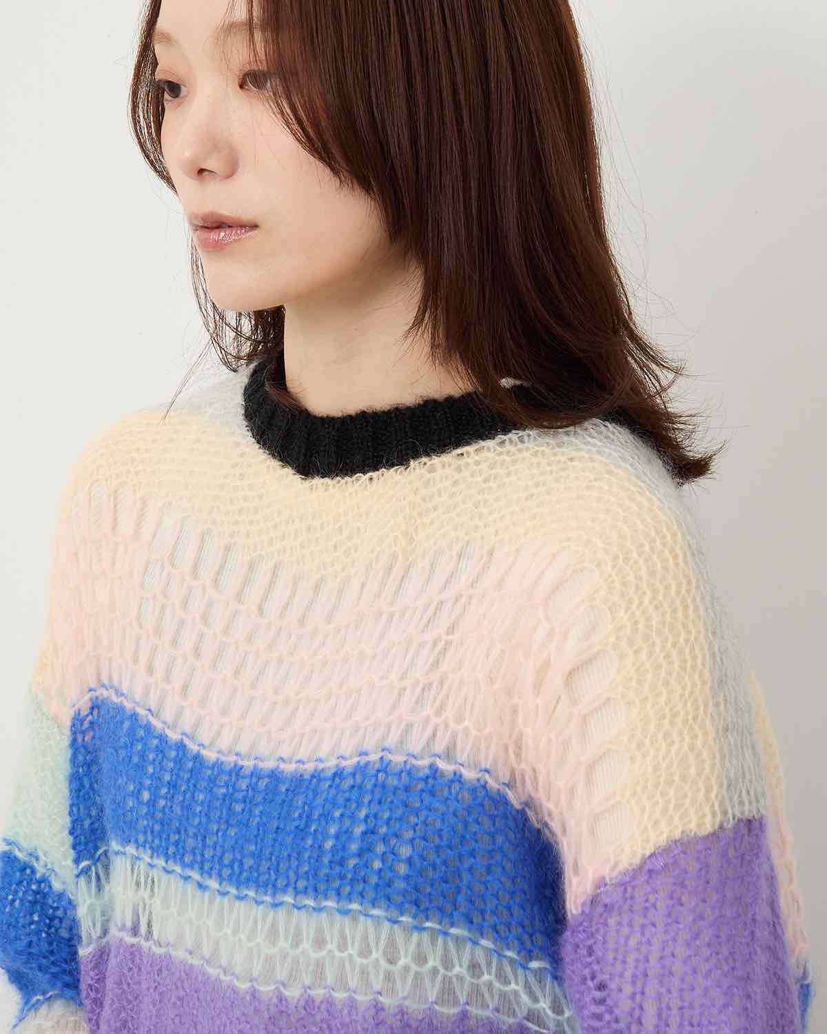 MOHAIR RANDOM BORDER CREW KNIT