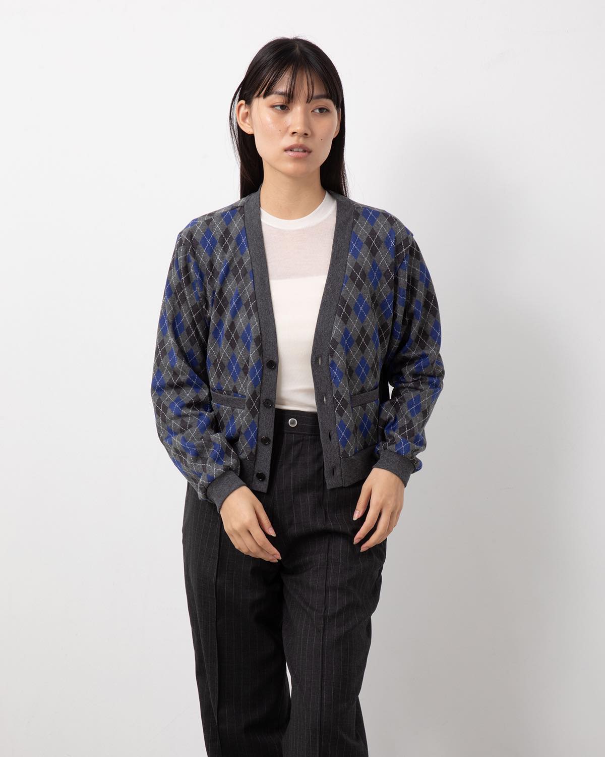 COTTON JACQUARD ARGYLE V-NECK CARDIGAN