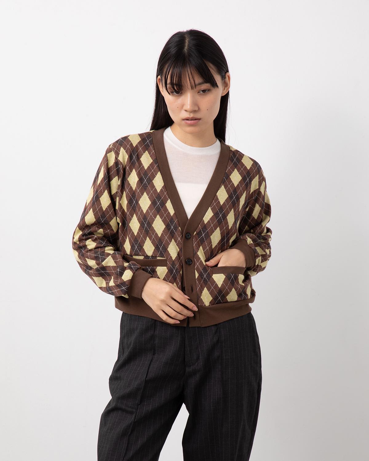 COTTON JACQUARD ARGYLE V-NECK CARDIGAN