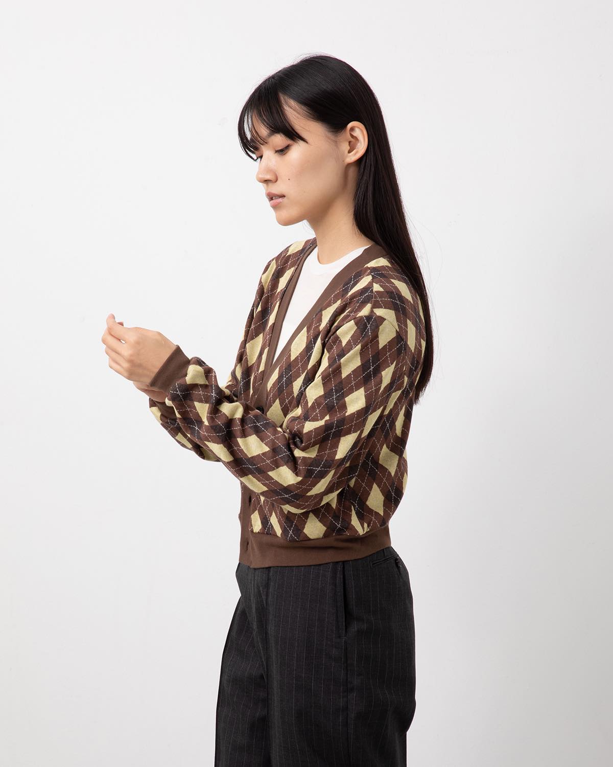 COTTON JACQUARD ARGYLE V-NECK CARDIGAN