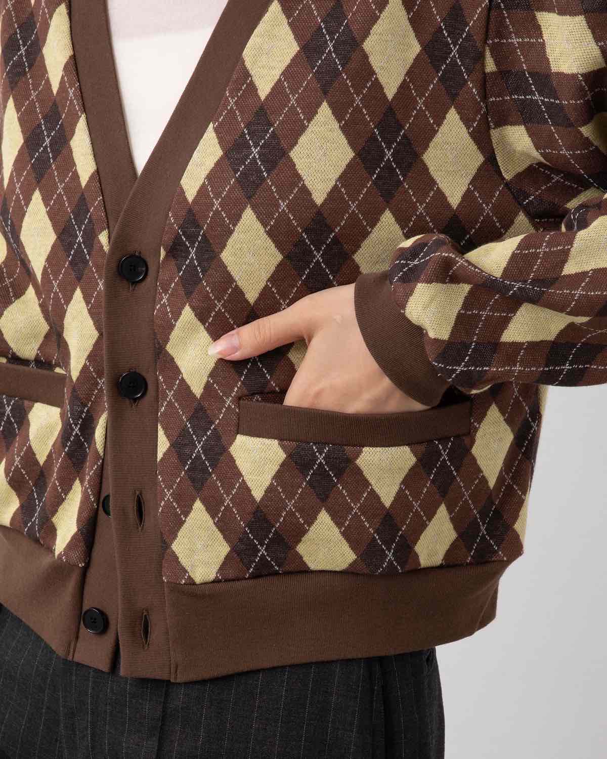 COTTON JACQUARD ARGYLE V-NECK CARDIGAN