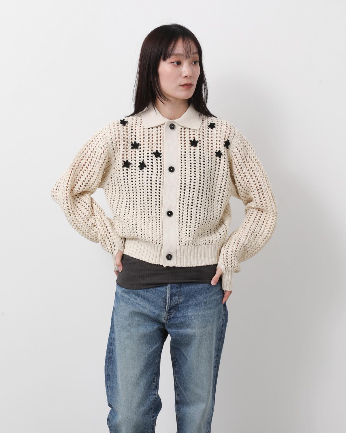 CROCHET STAR 7G MESH POLO COLLAR CARDIGAN