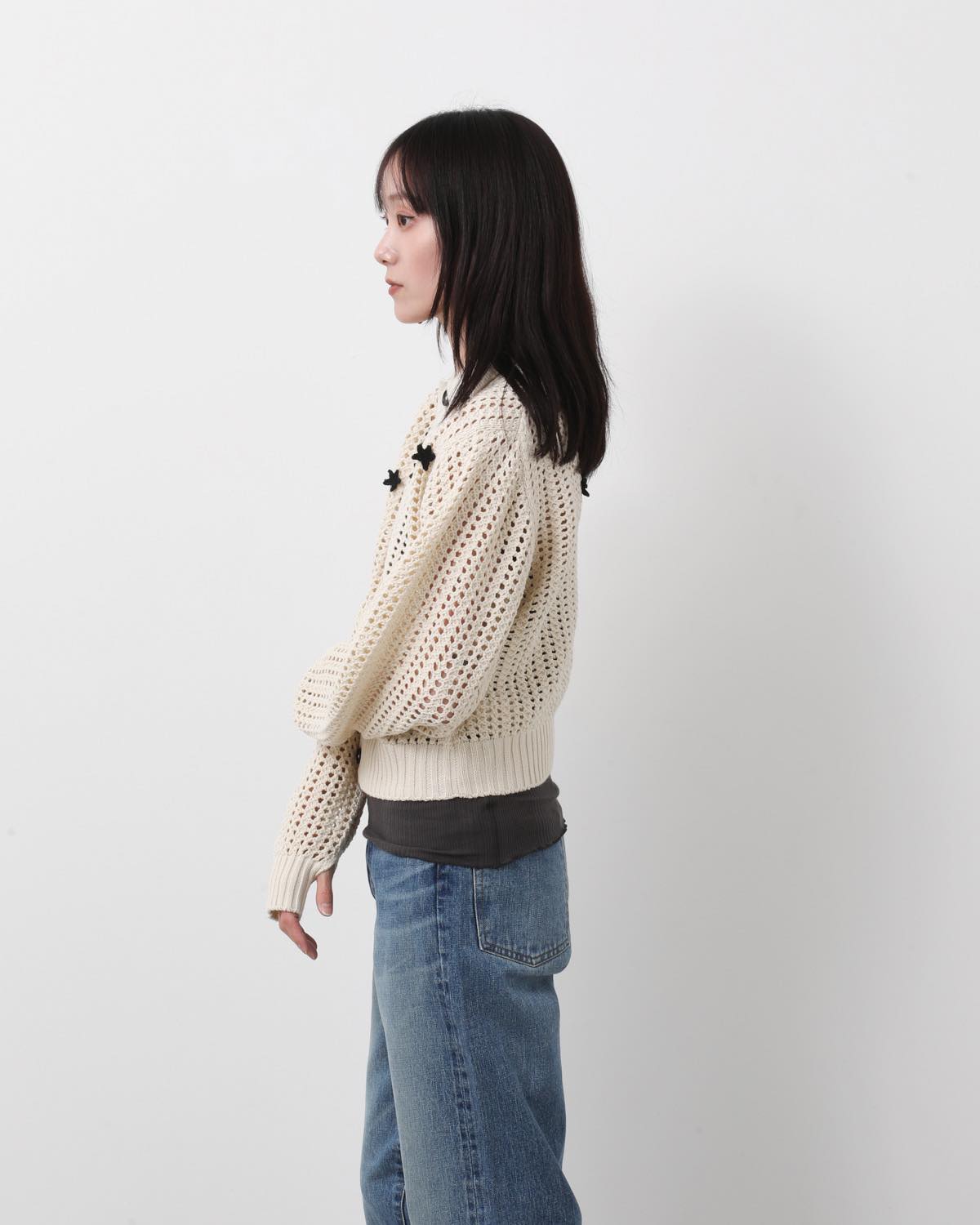 CROCHET STAR 7G MESH POLO COLLAR CARDIGAN