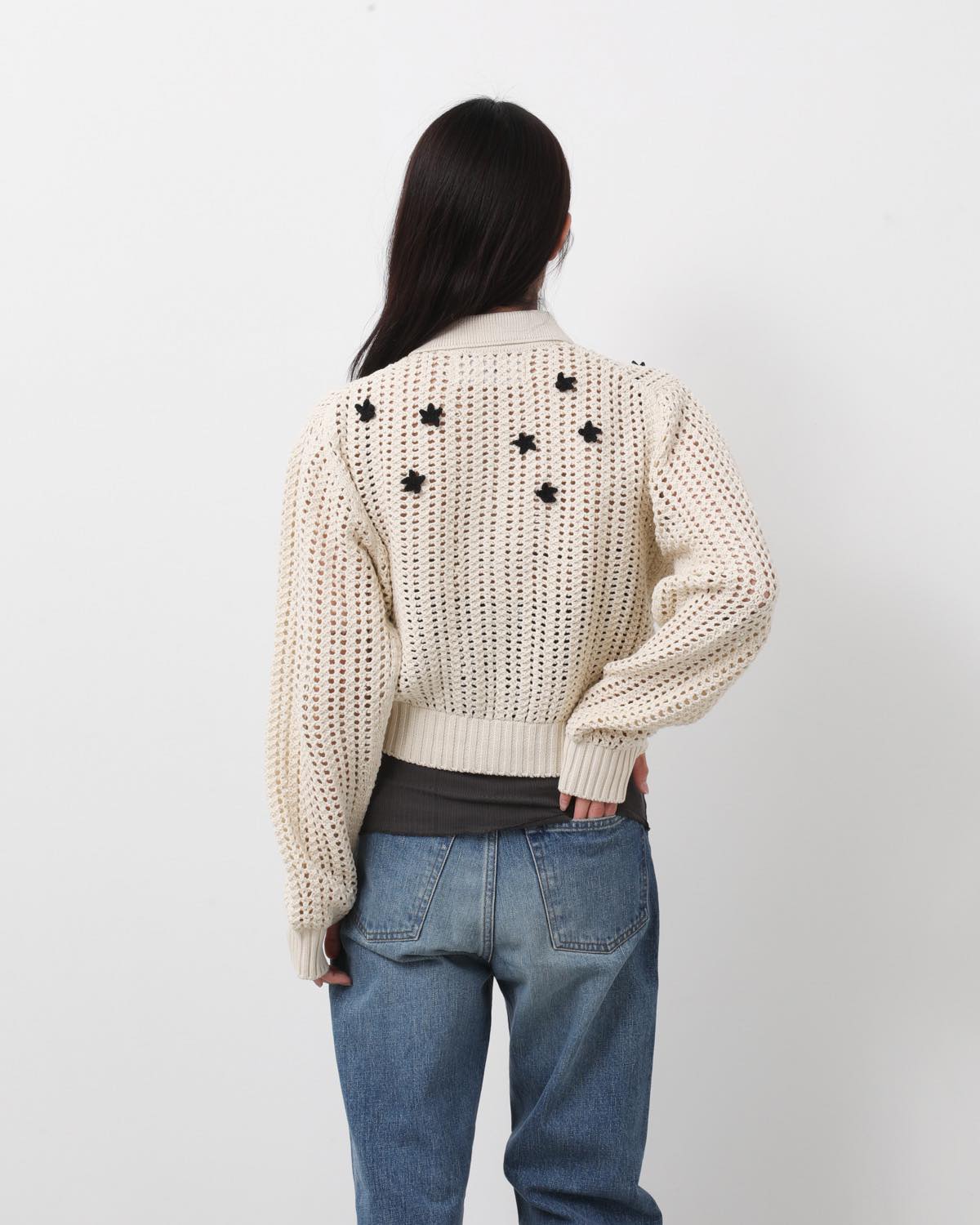 CROCHET STAR 7G MESH POLO COLLAR CARDIGAN