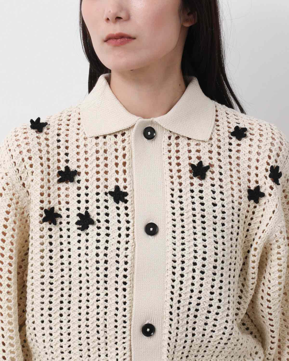 CROCHET STAR 7G MESH POLO COLLAR CARDIGAN
