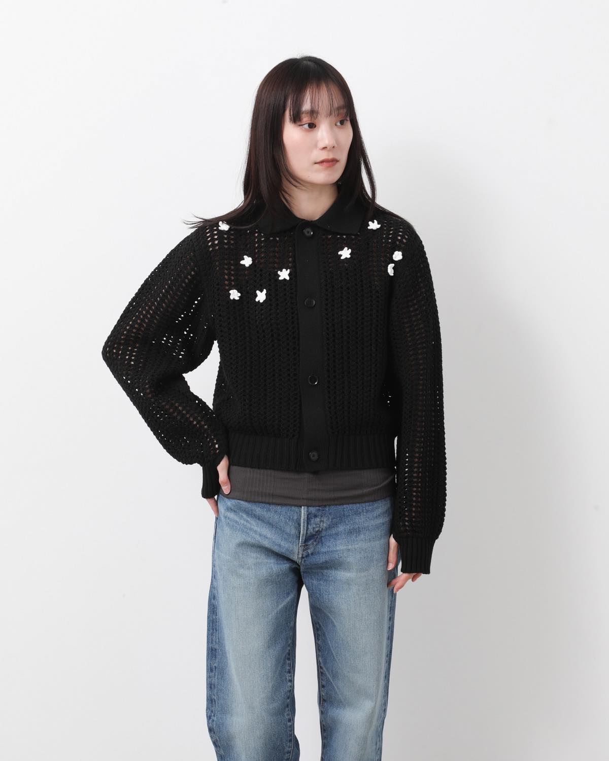 CROCHET STAR 7G MESH POLO COLLAR CARDIGAN