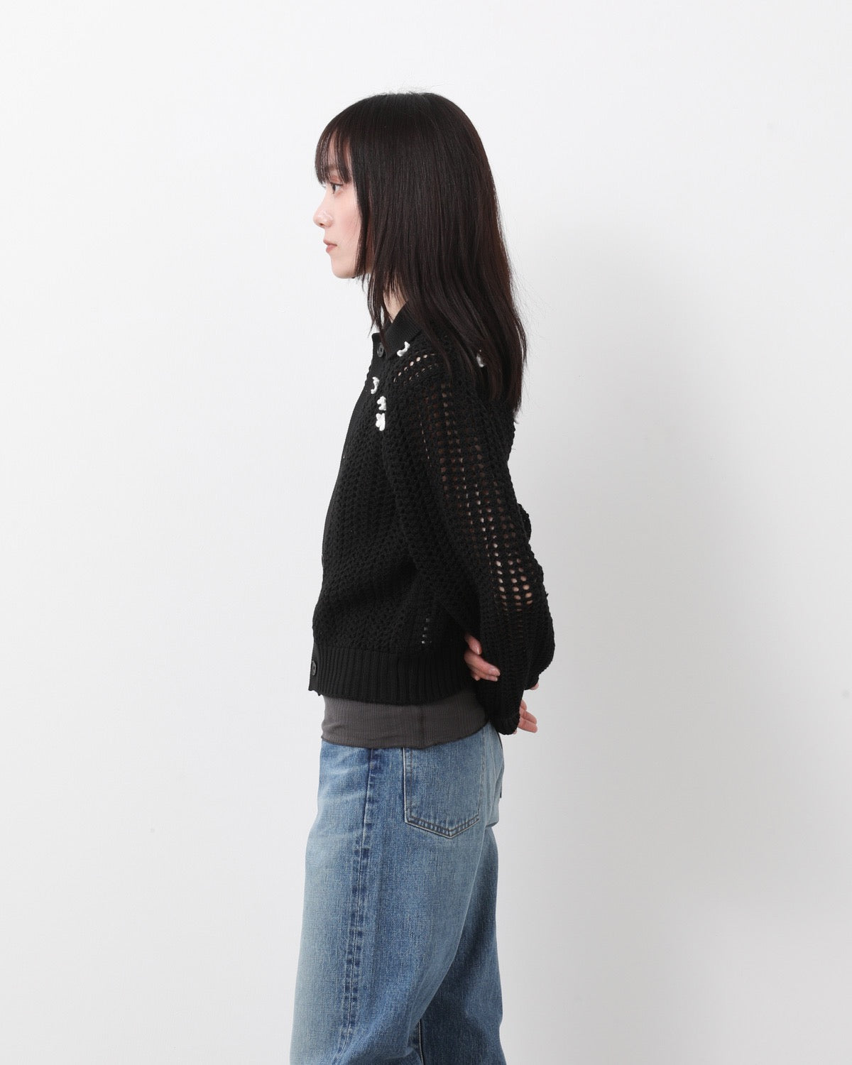 CROCHET STAR 7G MESH POLO COLLAR CARDIGAN