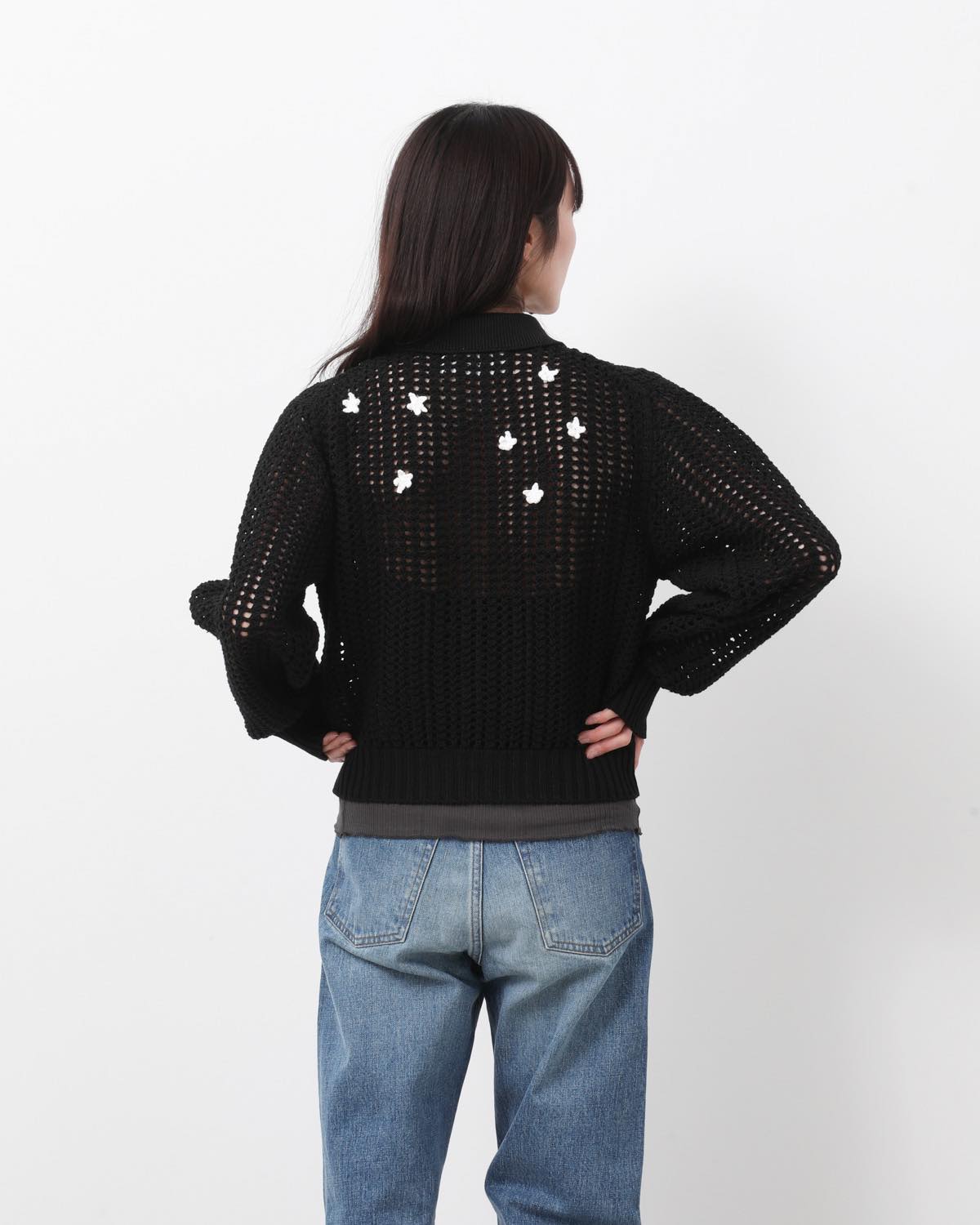 CROCHET STAR 7G MESH POLO COLLAR CARDIGAN