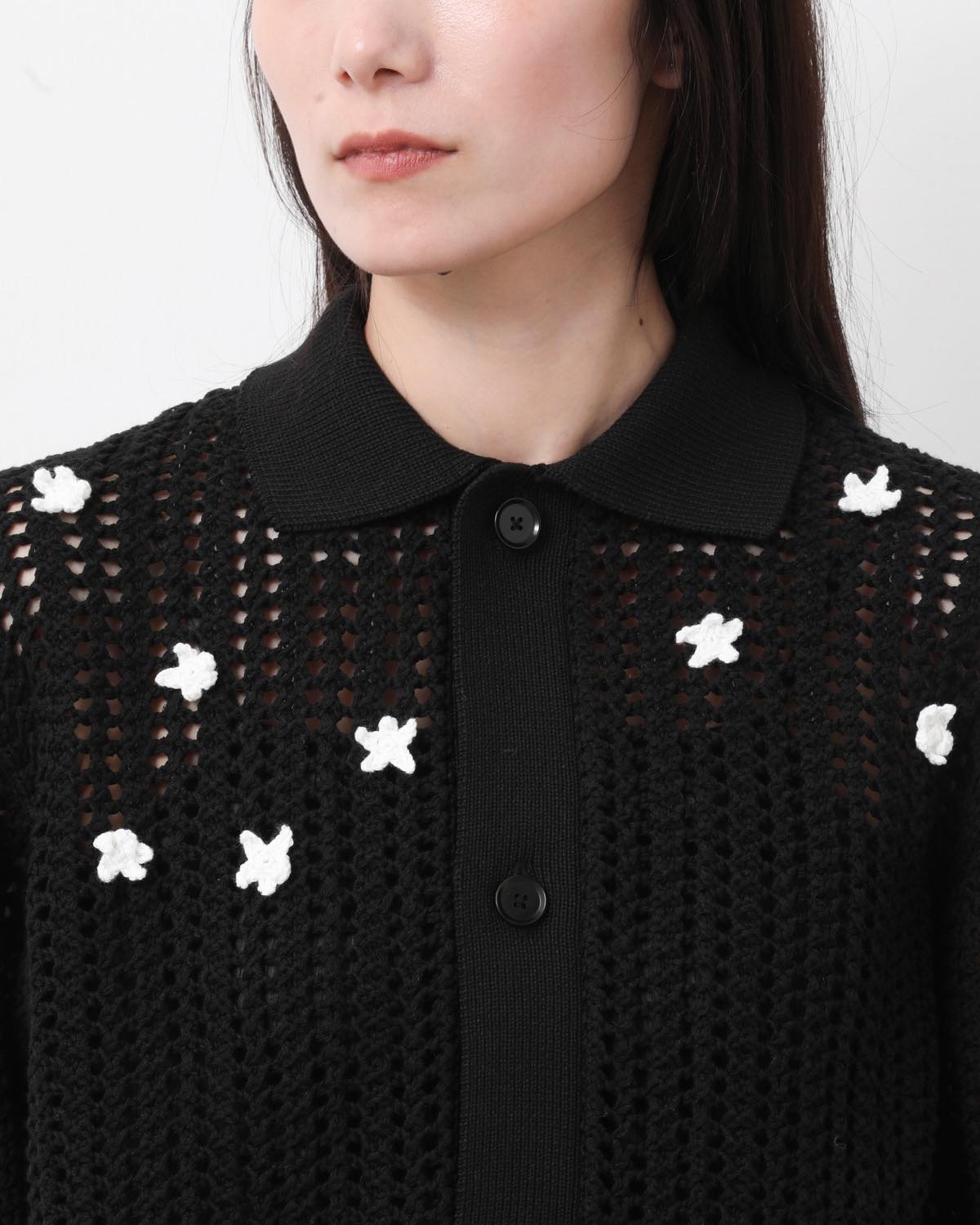 CROCHET STAR 7G MESH POLO COLLAR CARDIGAN