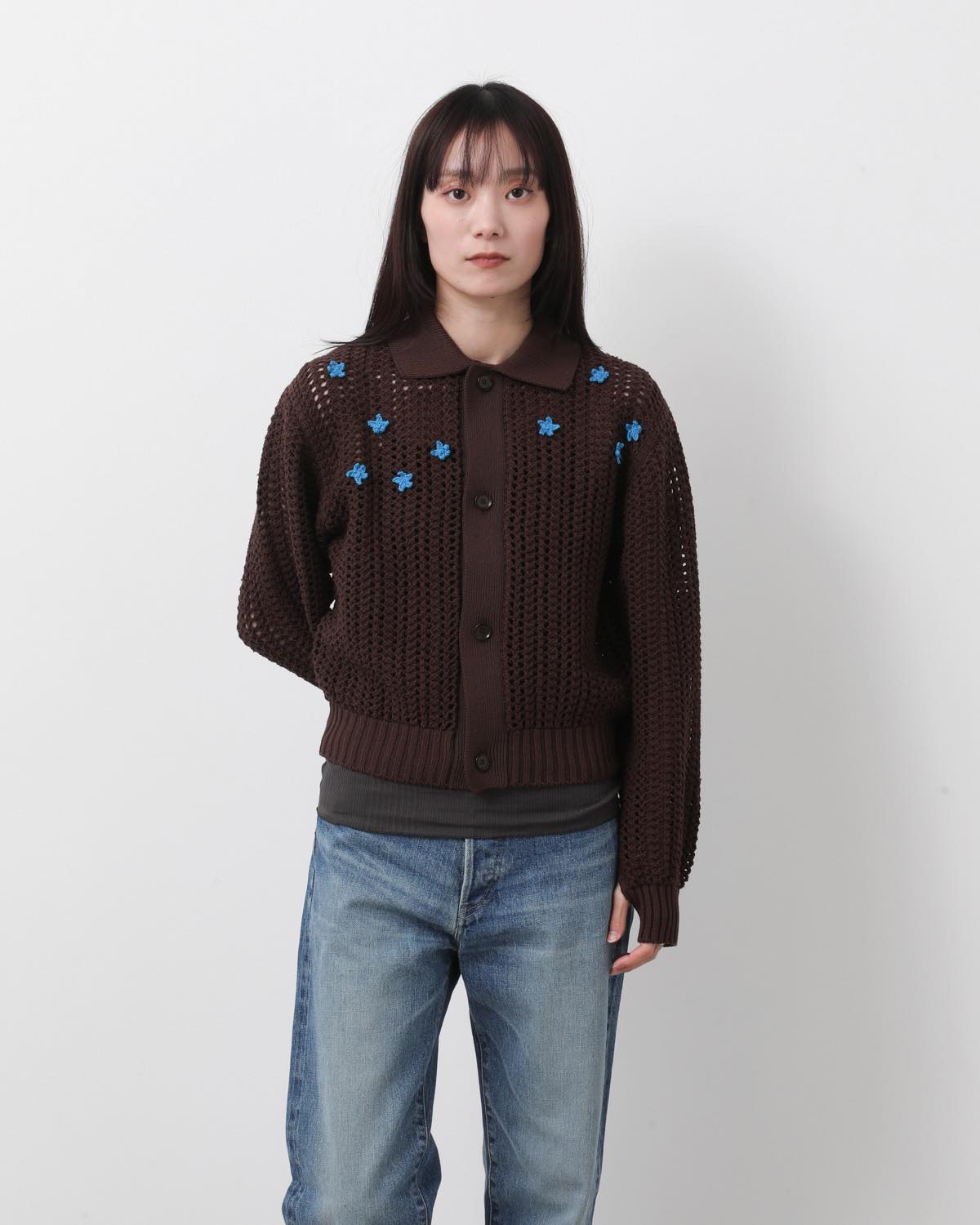 CROCHET STAR 7G MESH POLO COLLAR CARDIGAN