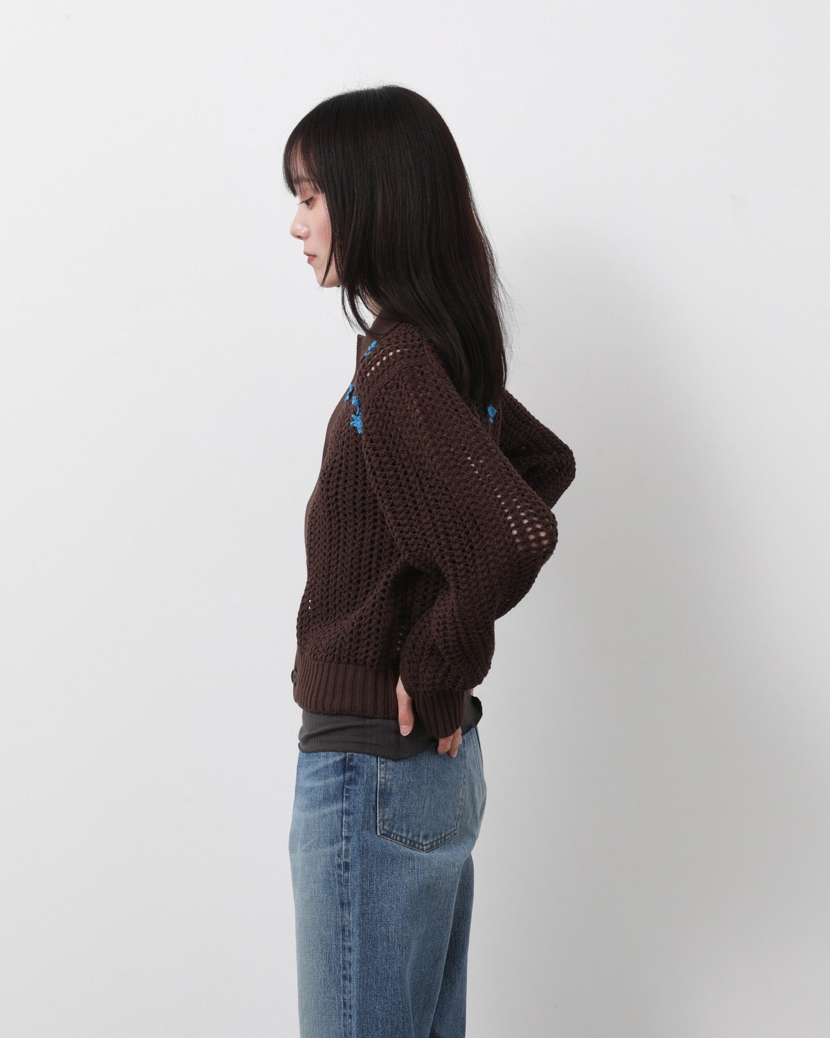 CROCHET STAR 7G MESH POLO COLLAR CARDIGAN