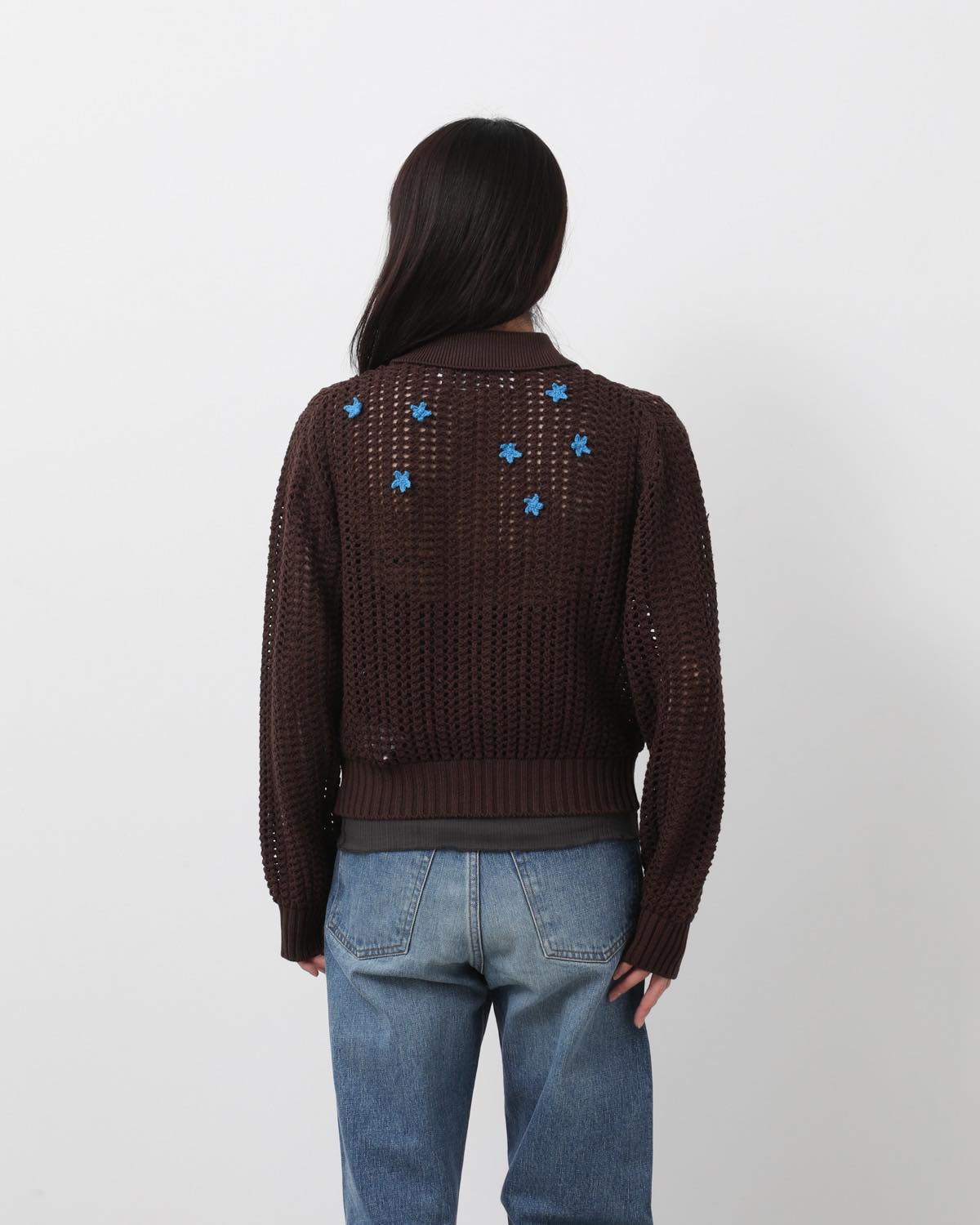 CROCHET STAR 7G MESH POLO COLLAR CARDIGAN