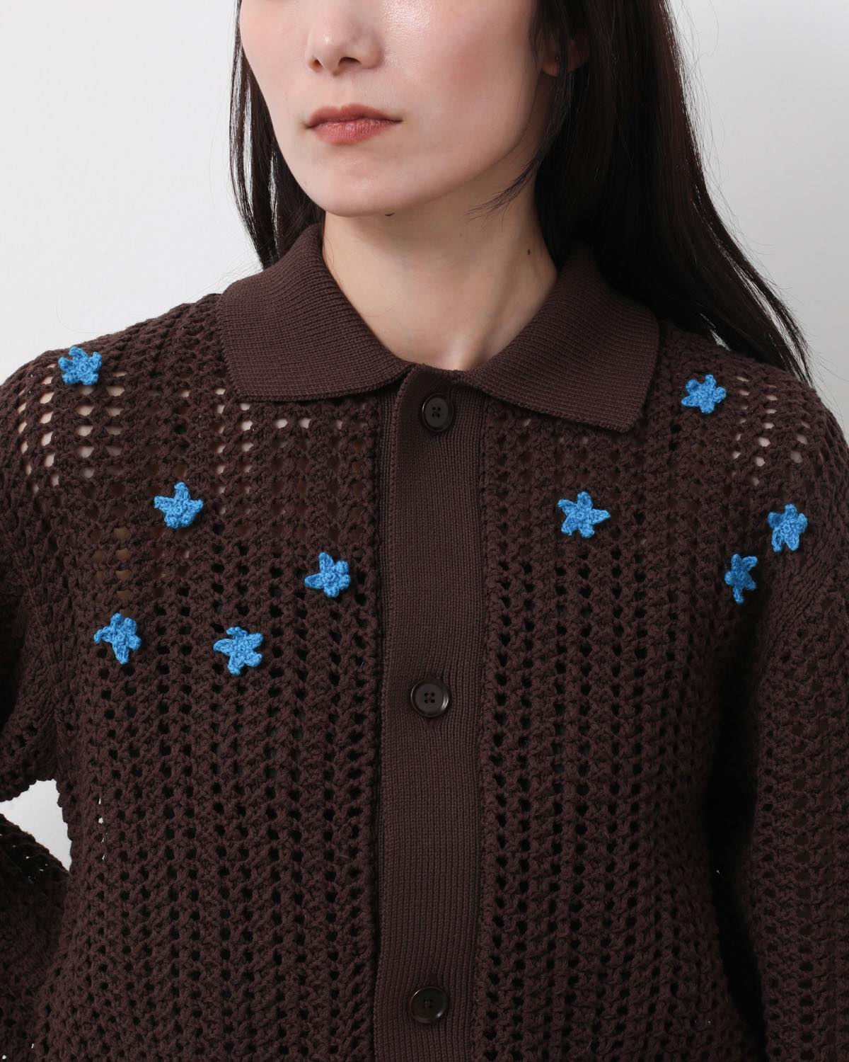 CROCHET STAR 7G MESH POLO COLLAR CARDIGAN