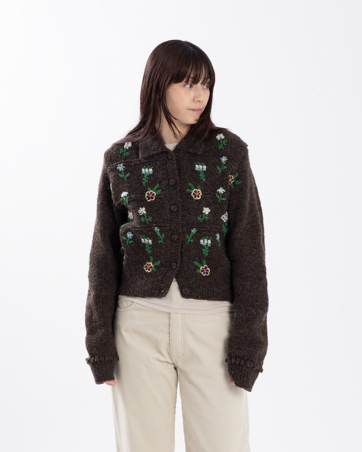 FLORAL EMBROIDERY WOOL POLO CARDIGAN