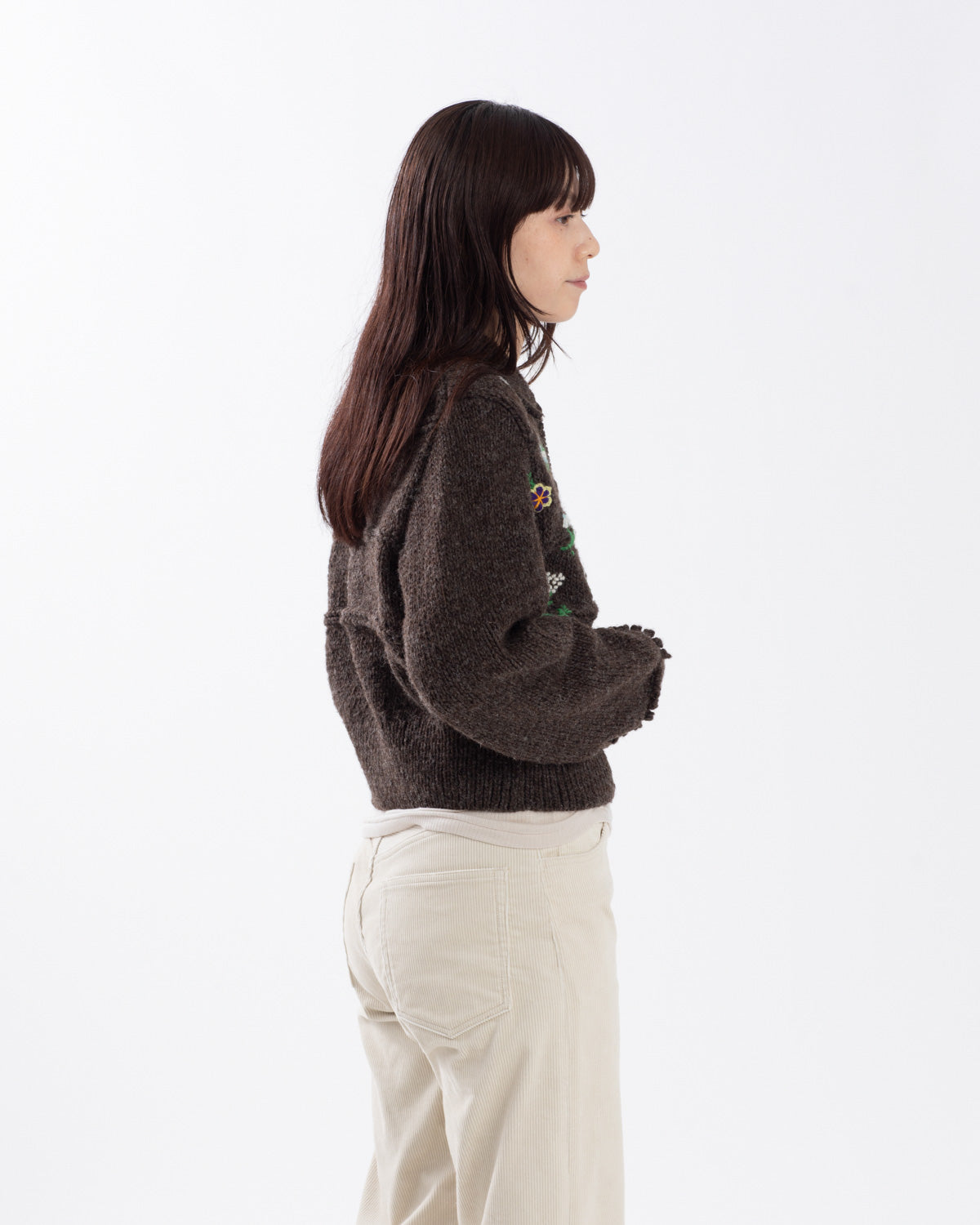 FLORAL EMBROIDERY WOOL POLO CARDIGAN