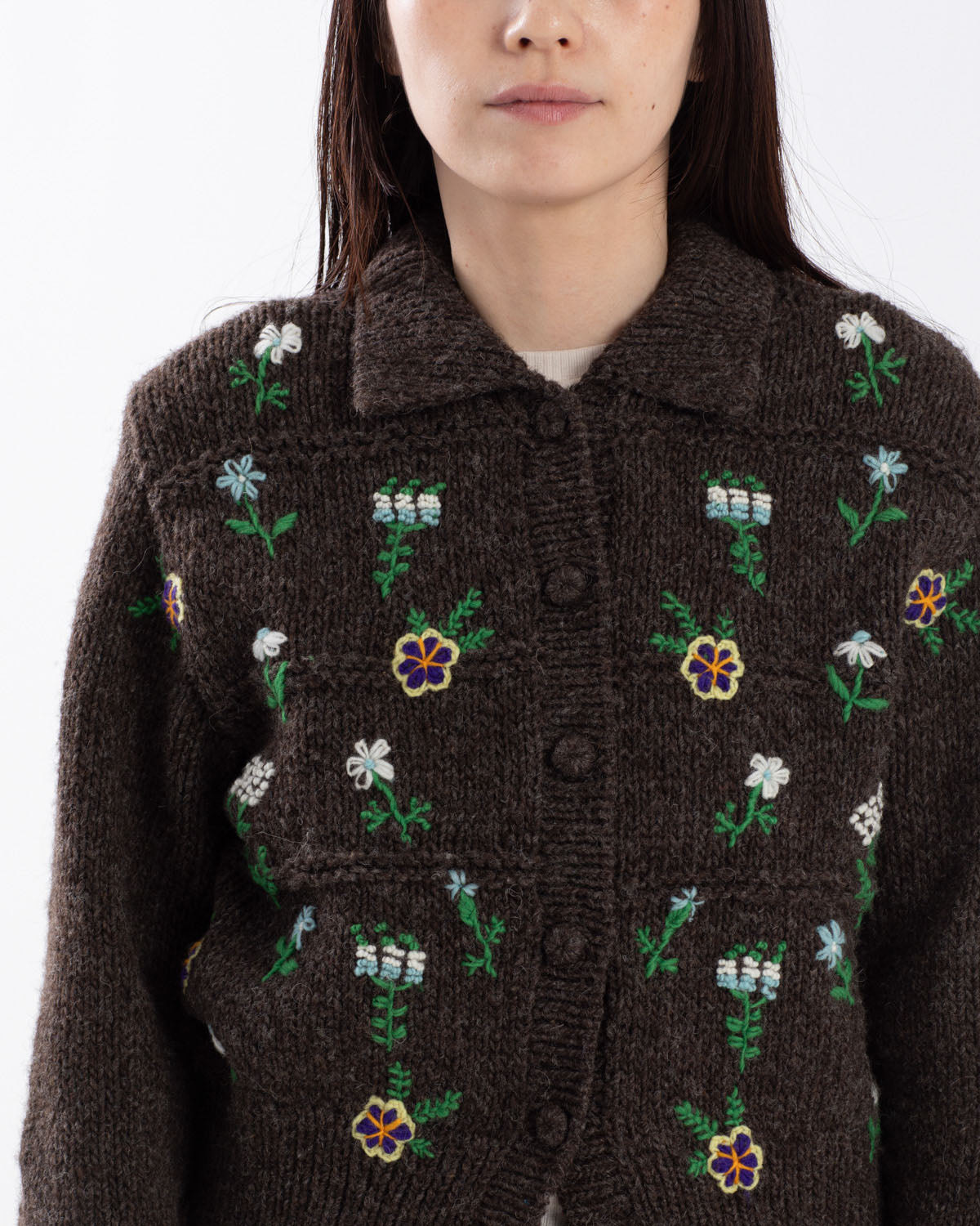FLORAL EMBROIDERY WOOL POLO CARDIGAN