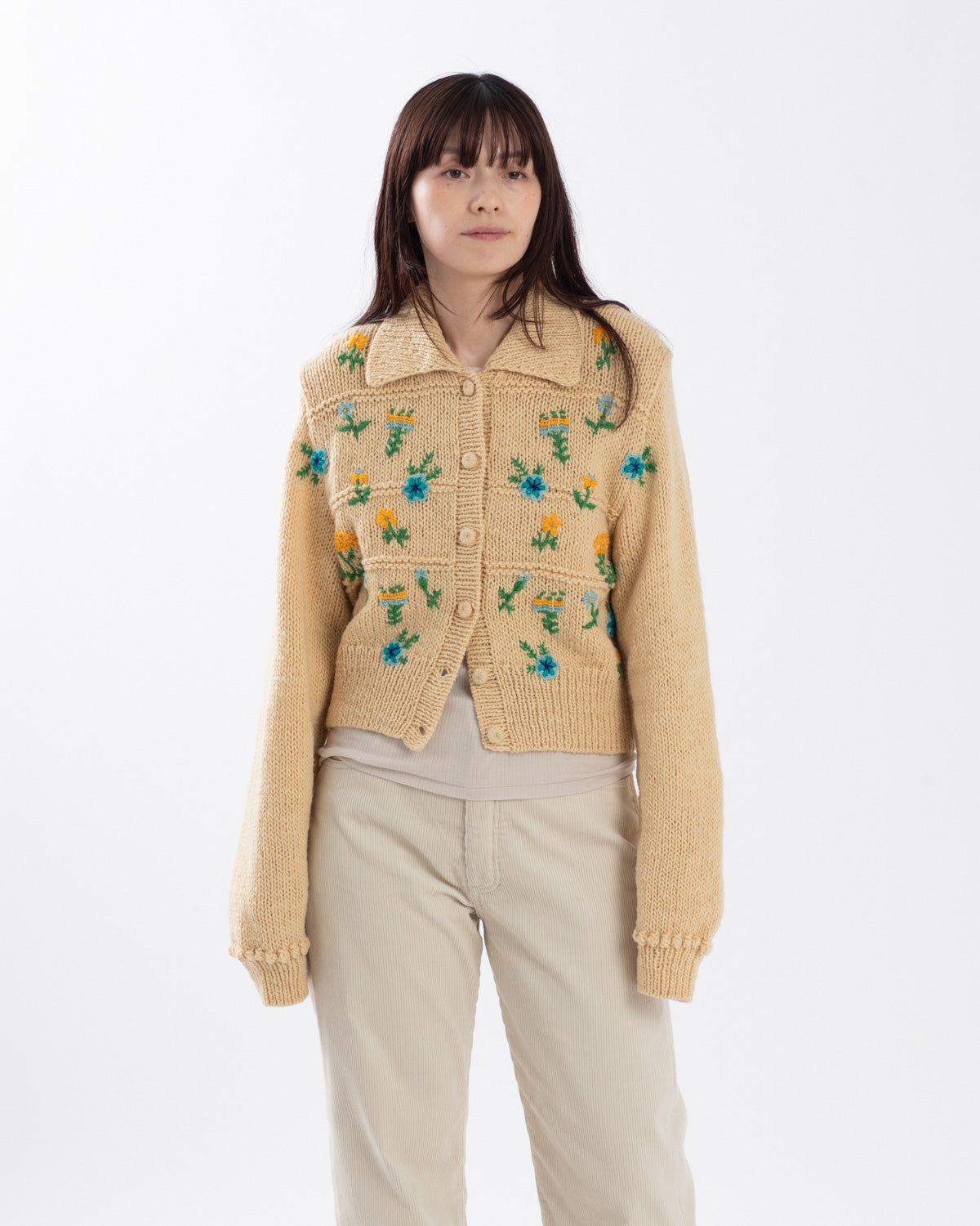 FLORAL EMBROIDERY WOOL POLO CARDIGAN