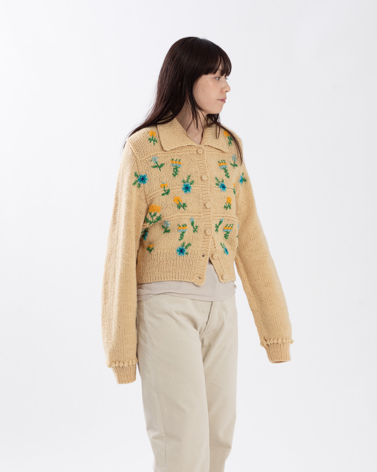 FLORAL EMBROIDERY WOOL POLO CARDIGAN