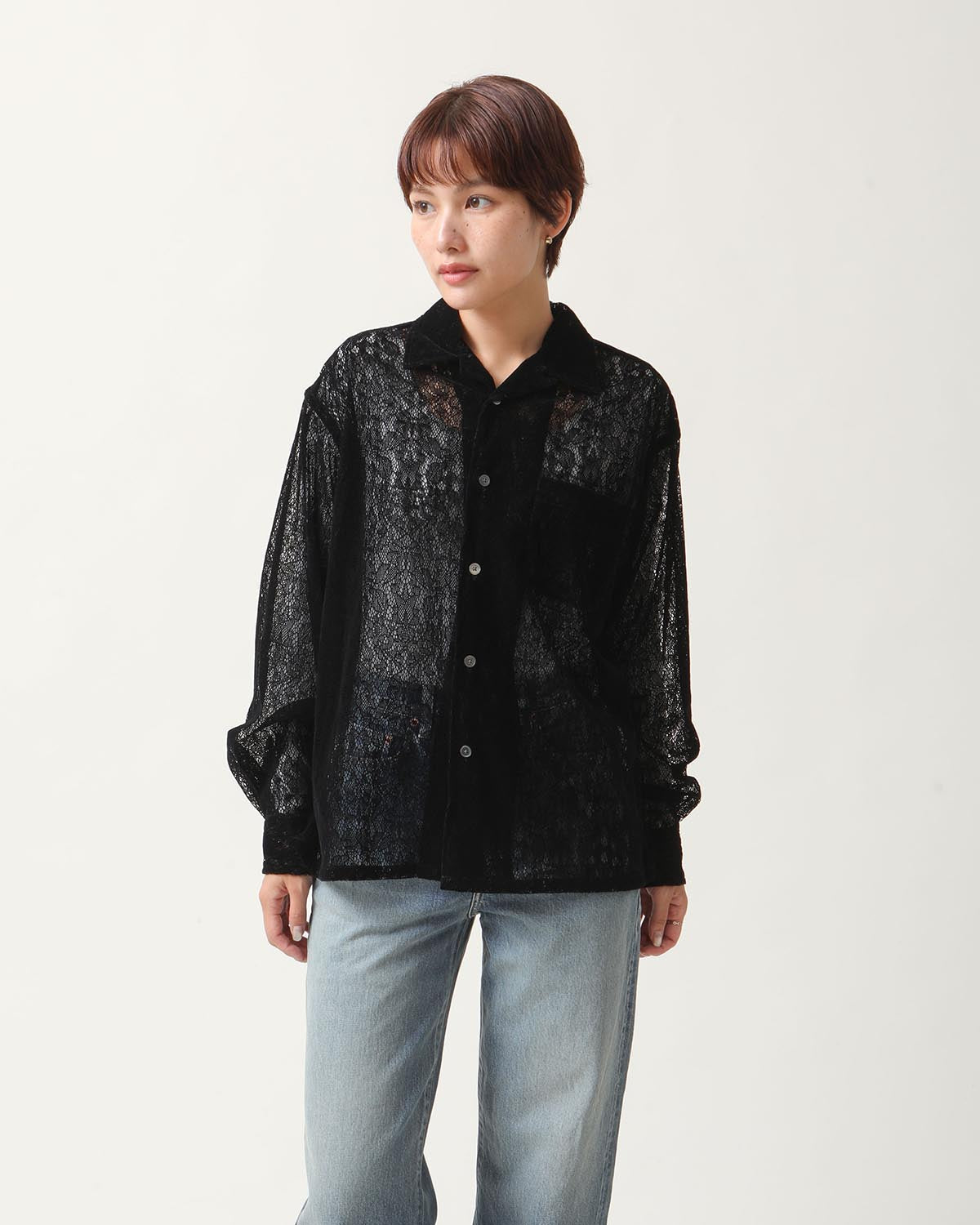 FLOCKY LACE OPEN COLLAR SHIRT