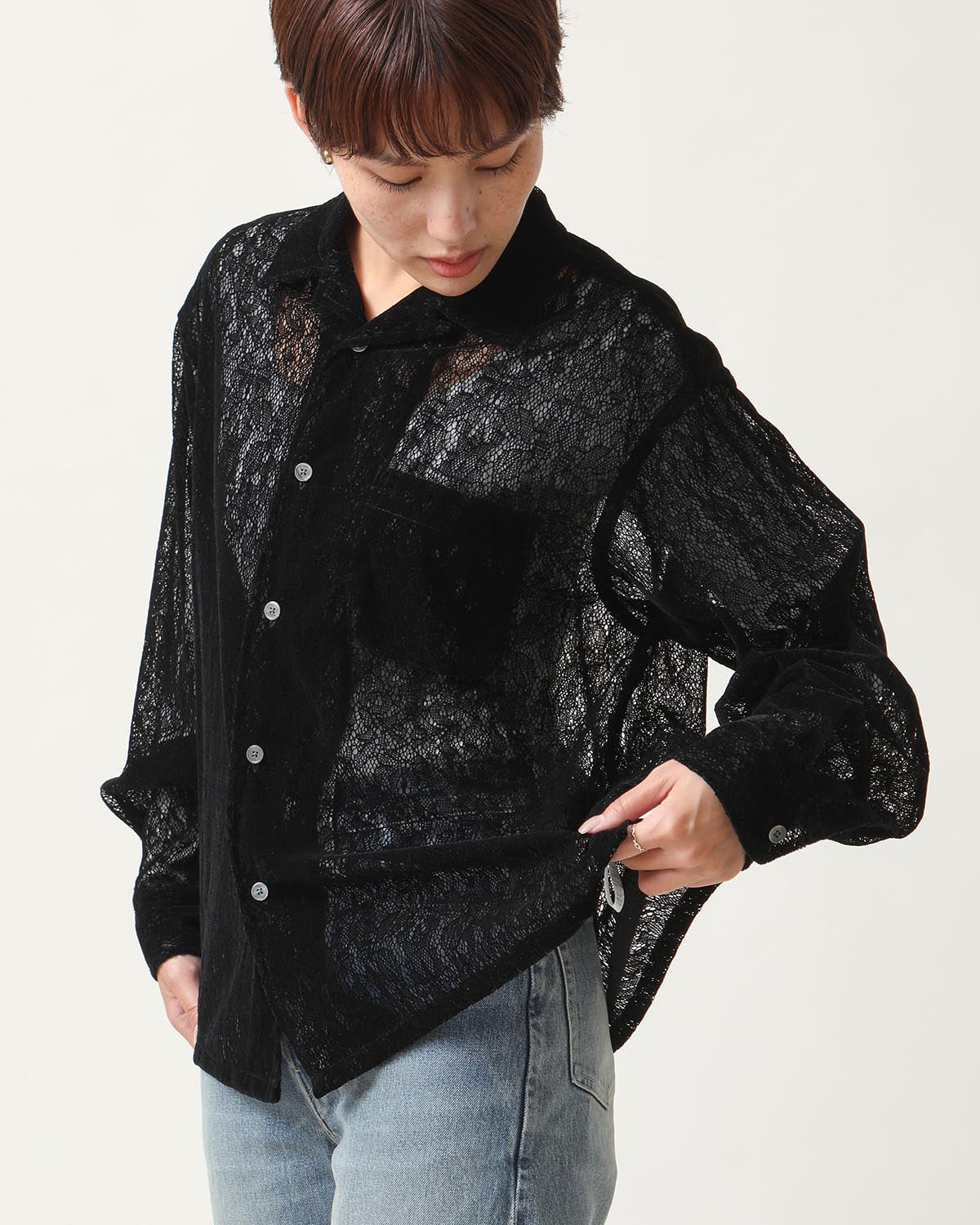 FLOCKY LACE OPEN COLLAR SHIRT