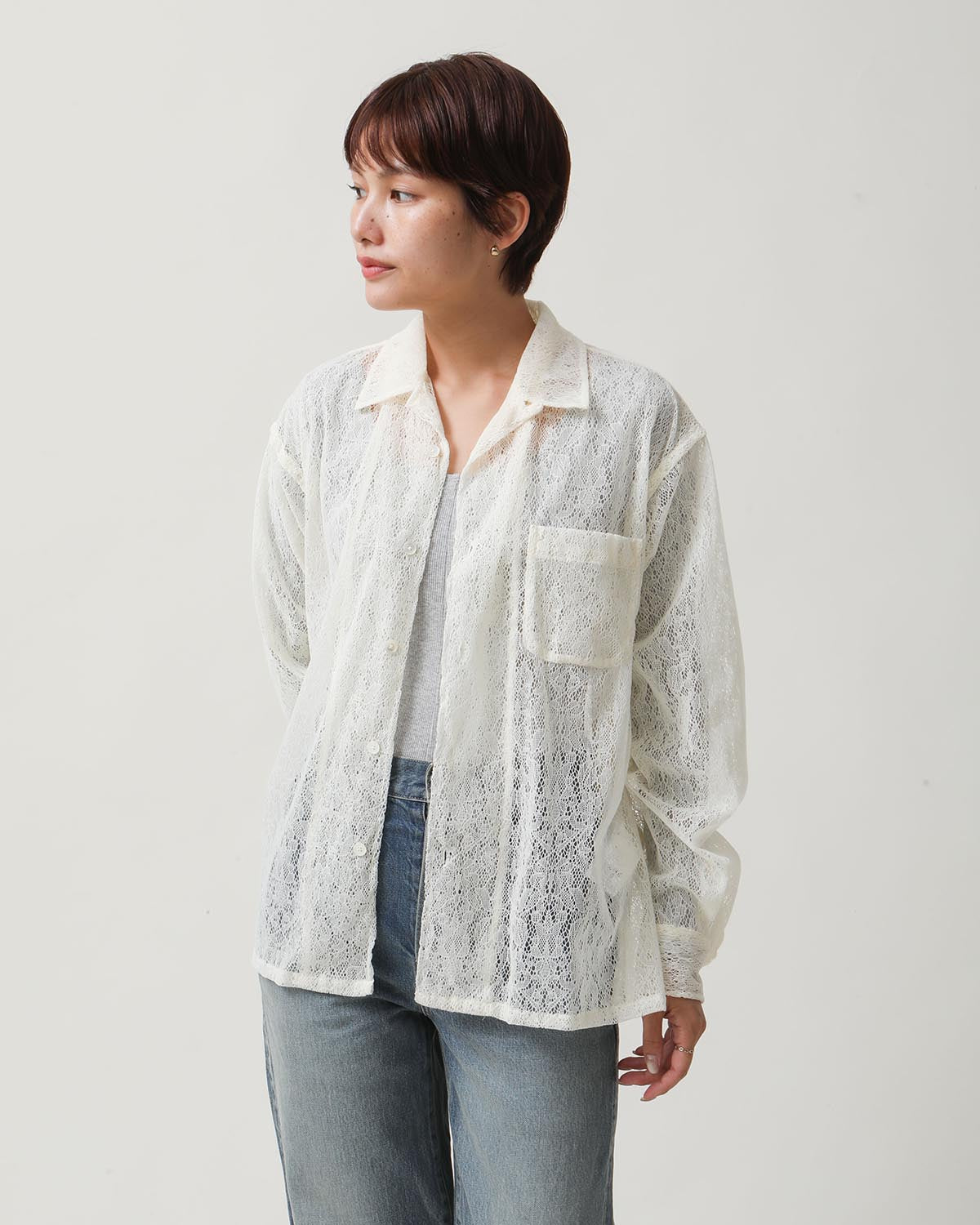 FLOCKY LACE OPEN COLLAR SHIRT