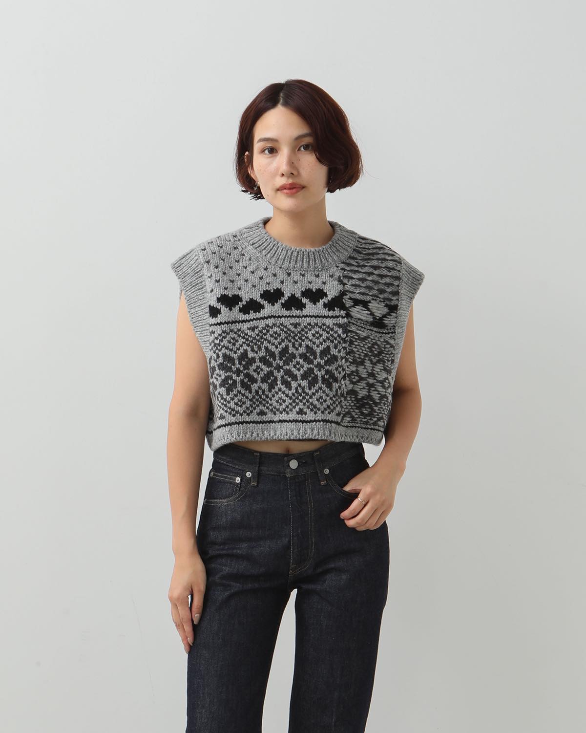 3G FAIR ISLE KNIT CREWNECK SHORT VEST