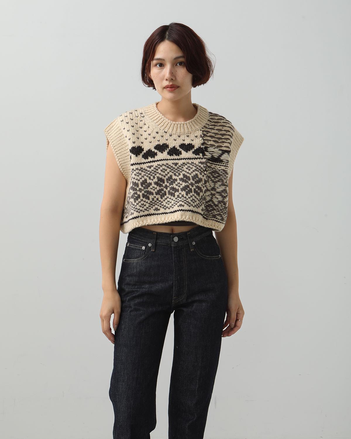 3G FAIR ISLE KNIT CREWNECK SHORT VEST