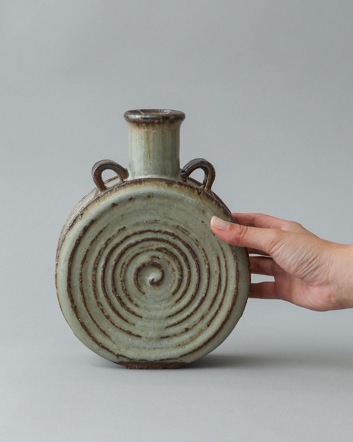 EARRED FLAT POT IN LIGHT BLUE GLAZE