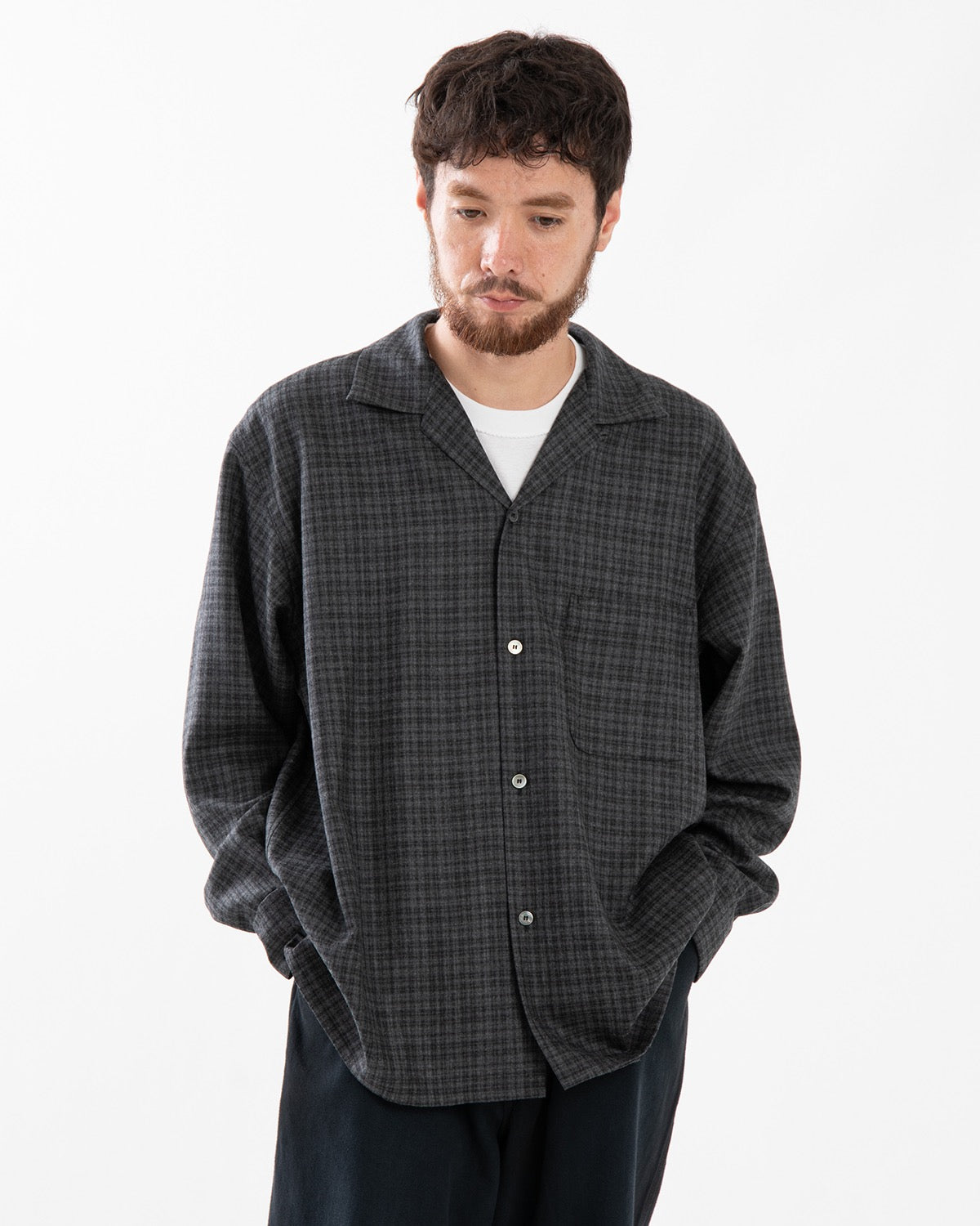 WOOL PLAID OPEN COLLAR SHIRT