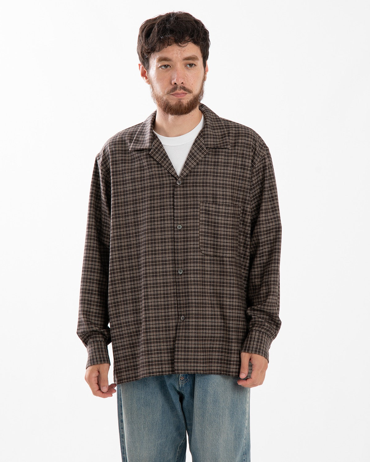 WOOL PLAID OPEN COLLAR SHIRT