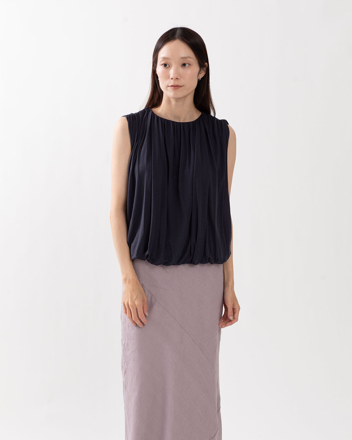 SHEER SHIRRING VOLUME SLEEVELESS