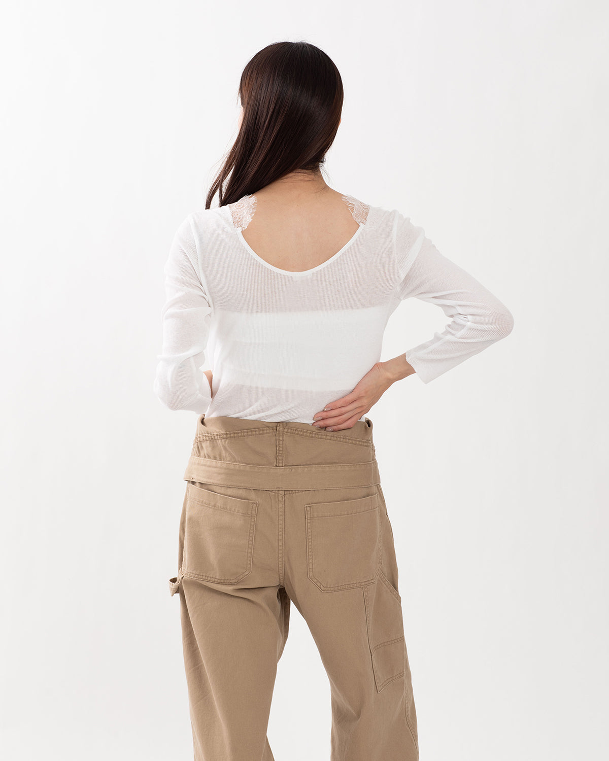 LACE TRIMMED RIB T-SHIRT
