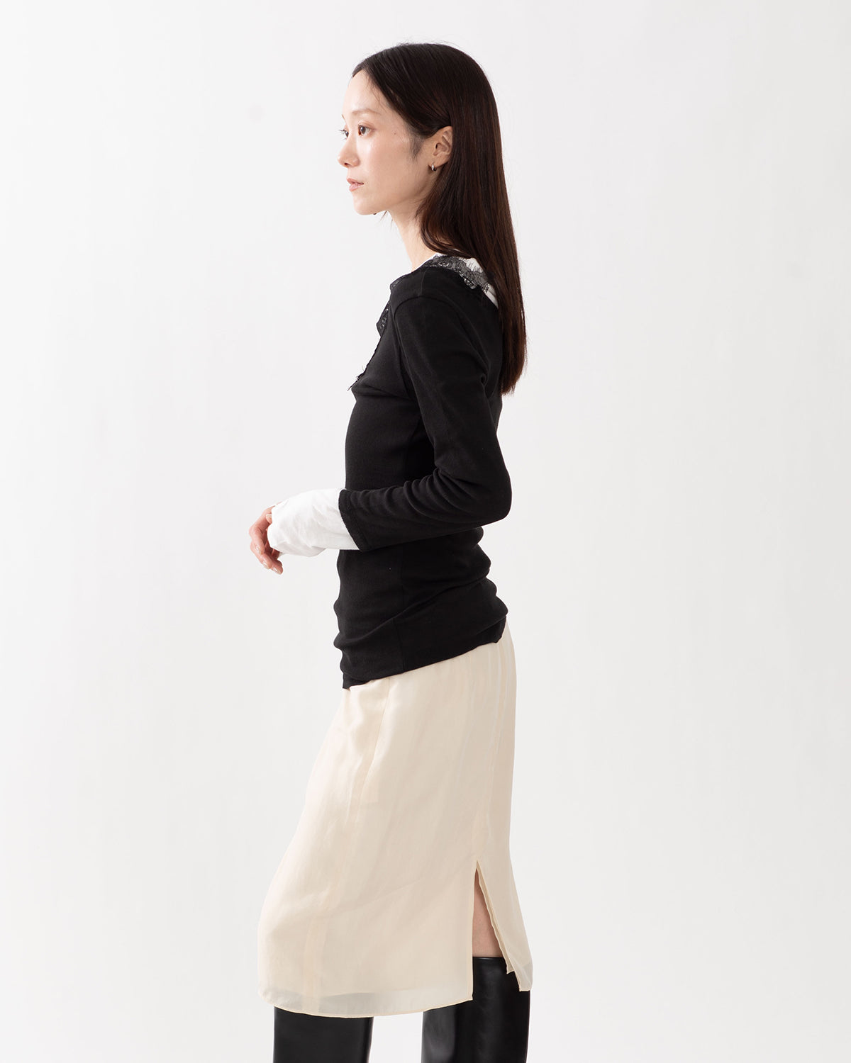 LACE TRIMMED RIB T-SHIRT