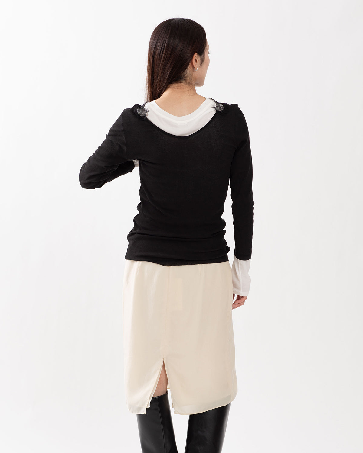 LACE TRIMMED RIB T-SHIRT
