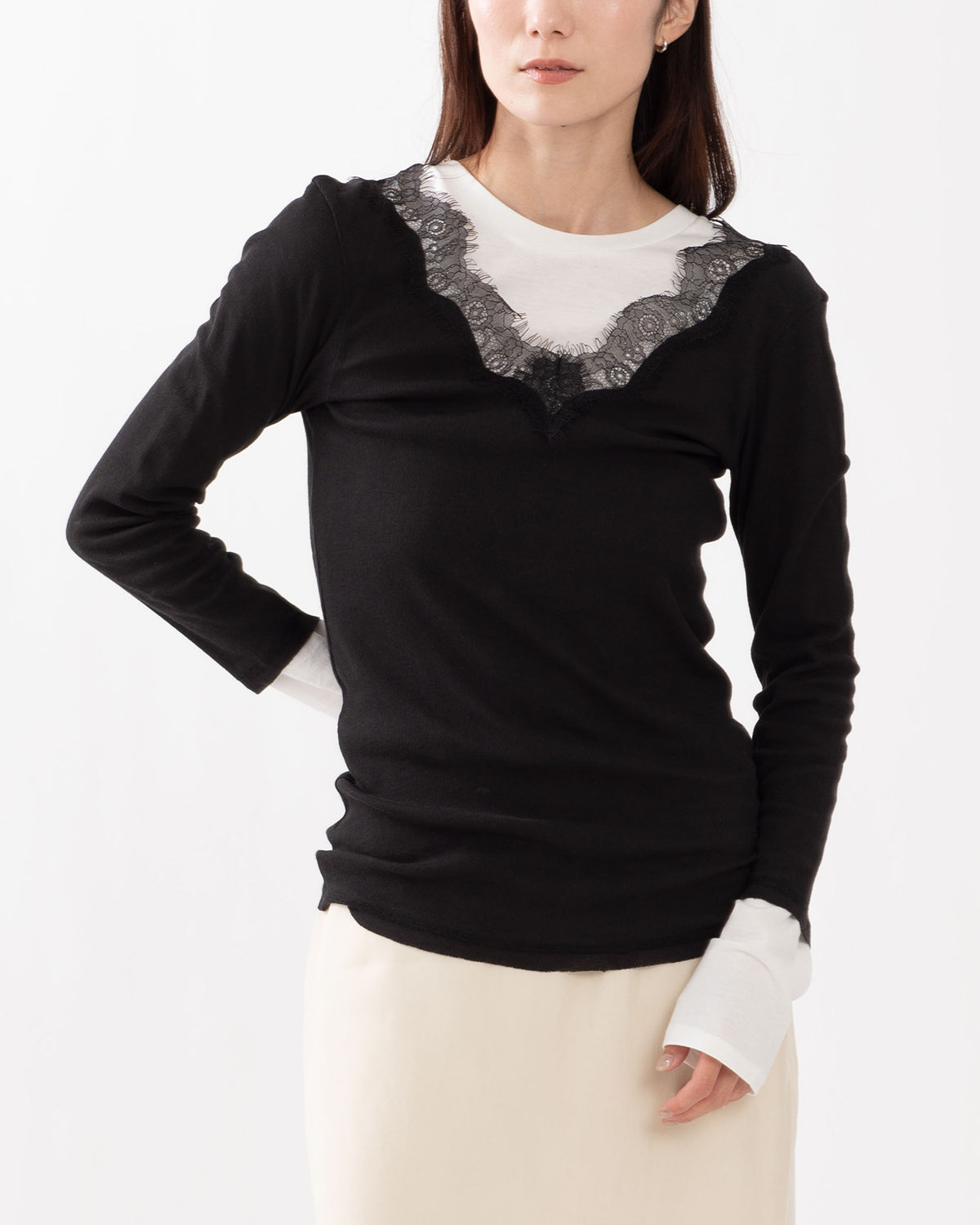 LACE TRIMMED RIB T-SHIRT