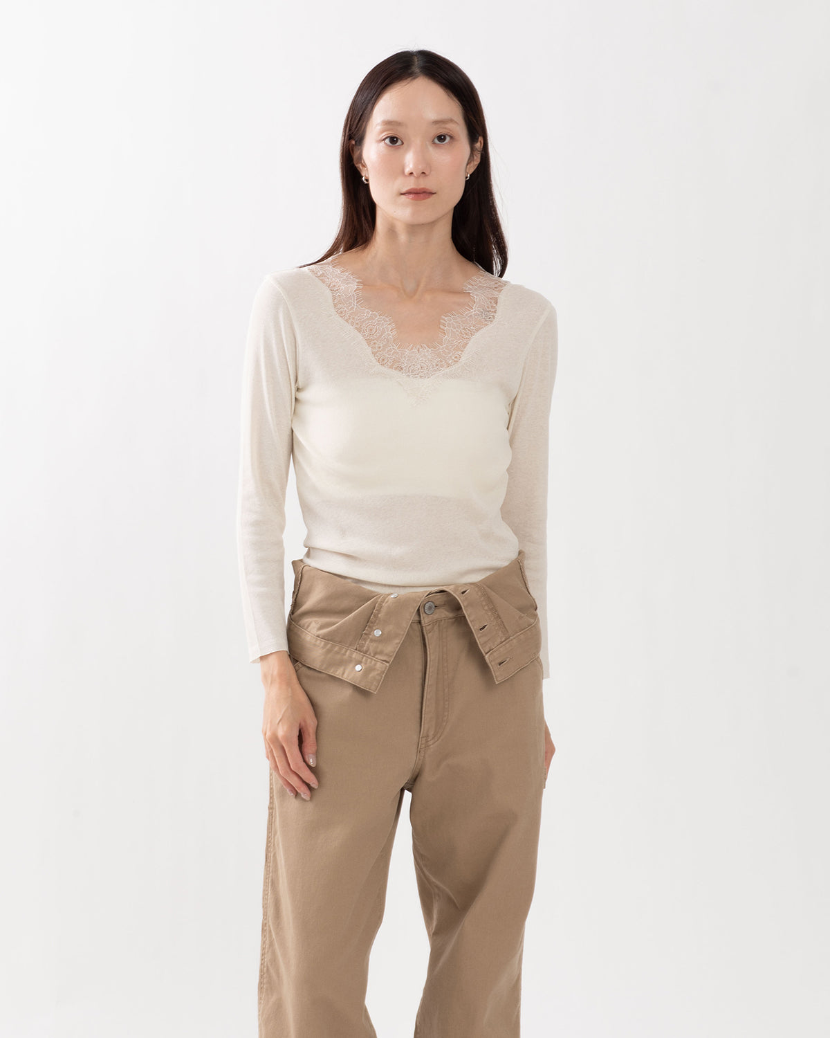 LACE TRIMMED RIB T-SHIRT