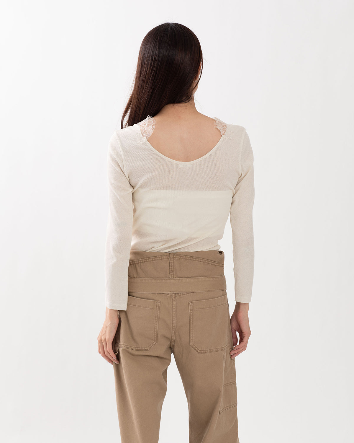 LACE TRIMMED RIB T-SHIRT
