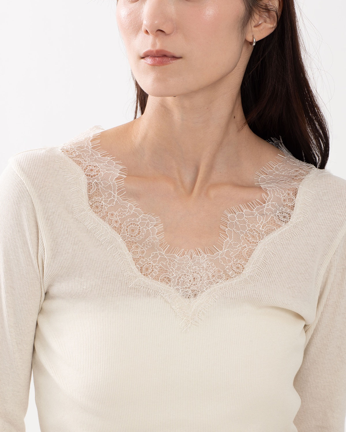 LACE TRIMMED RIB T-SHIRT