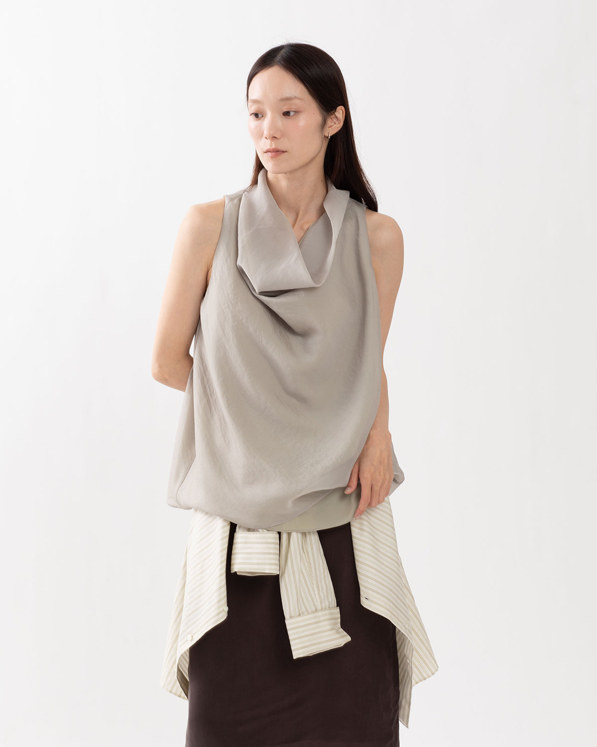SHEER HIGH-NECK DRAPED TOP