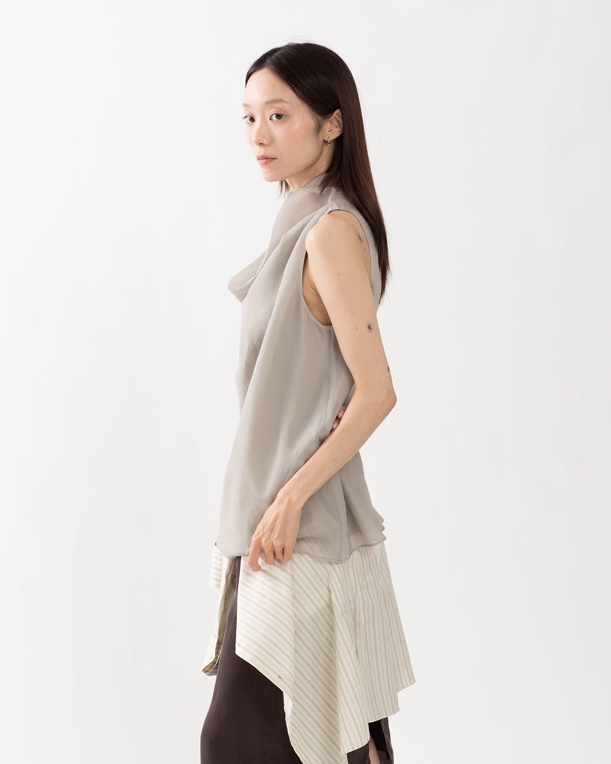 SHEER HIGH-NECK DRAPED TOP