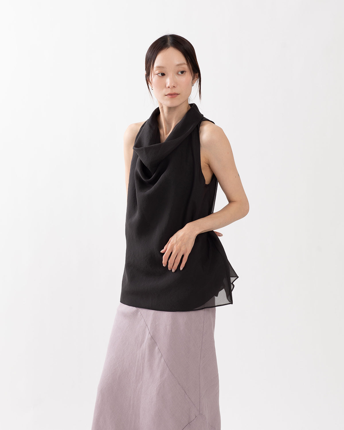 SHEER HIGH-NECK DRAPED TOP