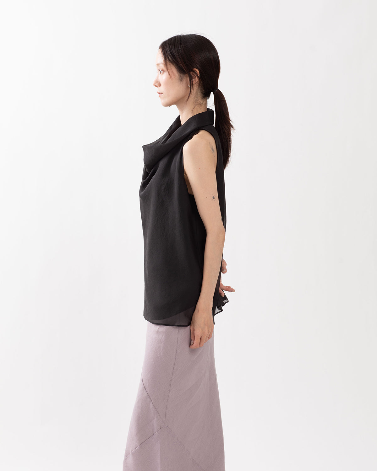 SHEER HIGH-NECK DRAPED TOP