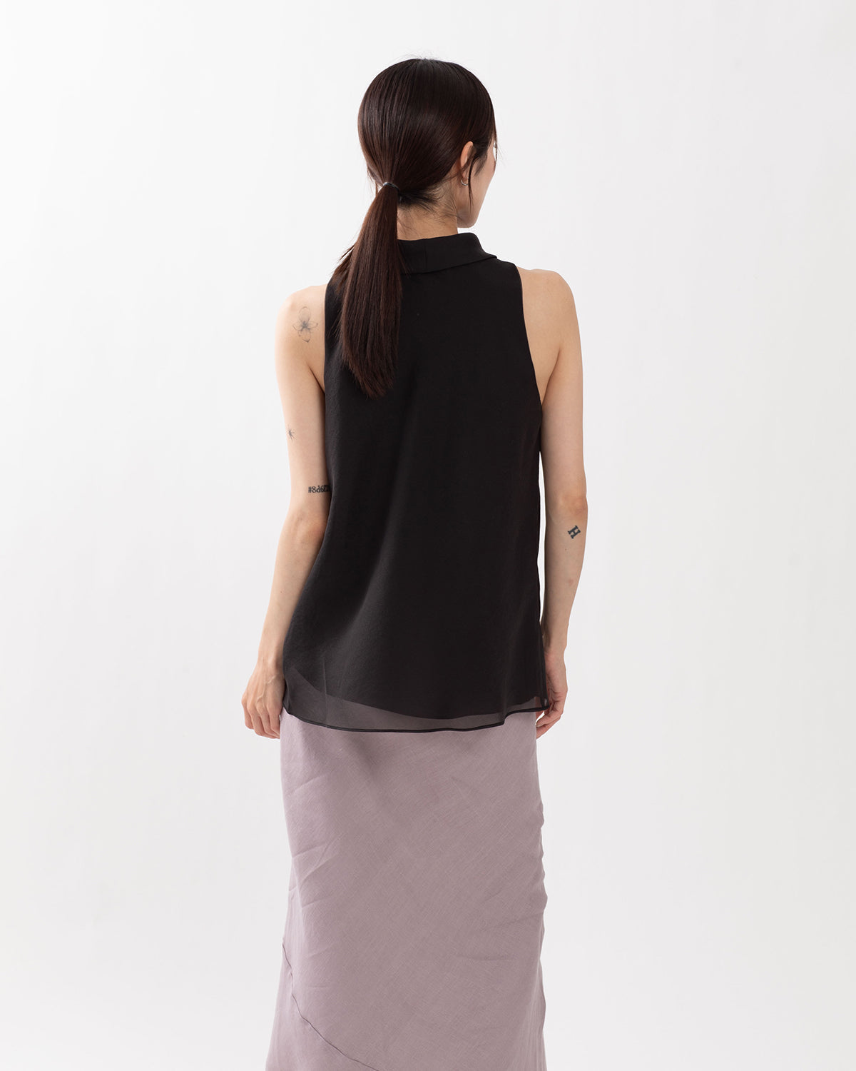 SHEER HIGH-NECK DRAPED TOP