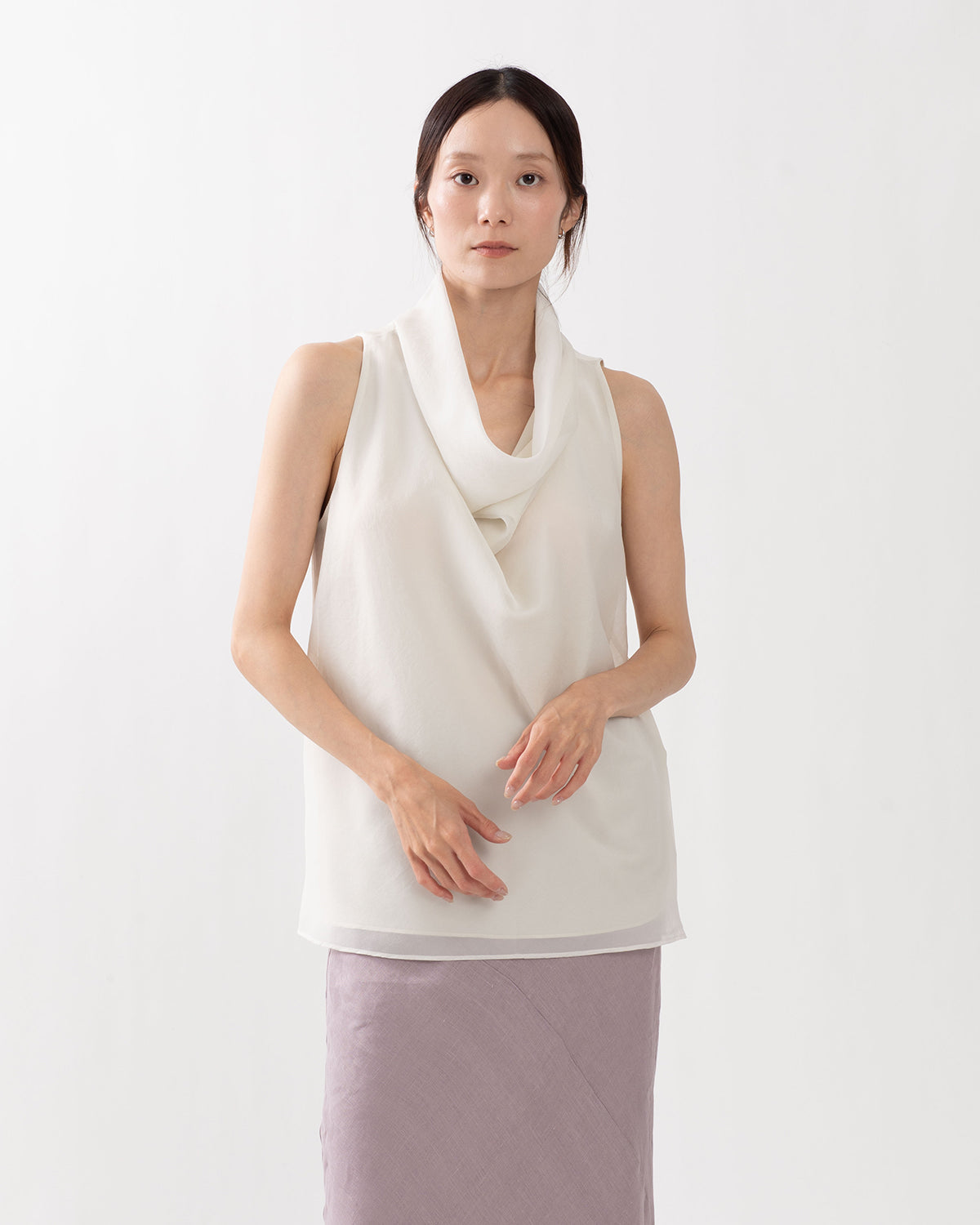 SHEER HIGH-NECK DRAPED TOP