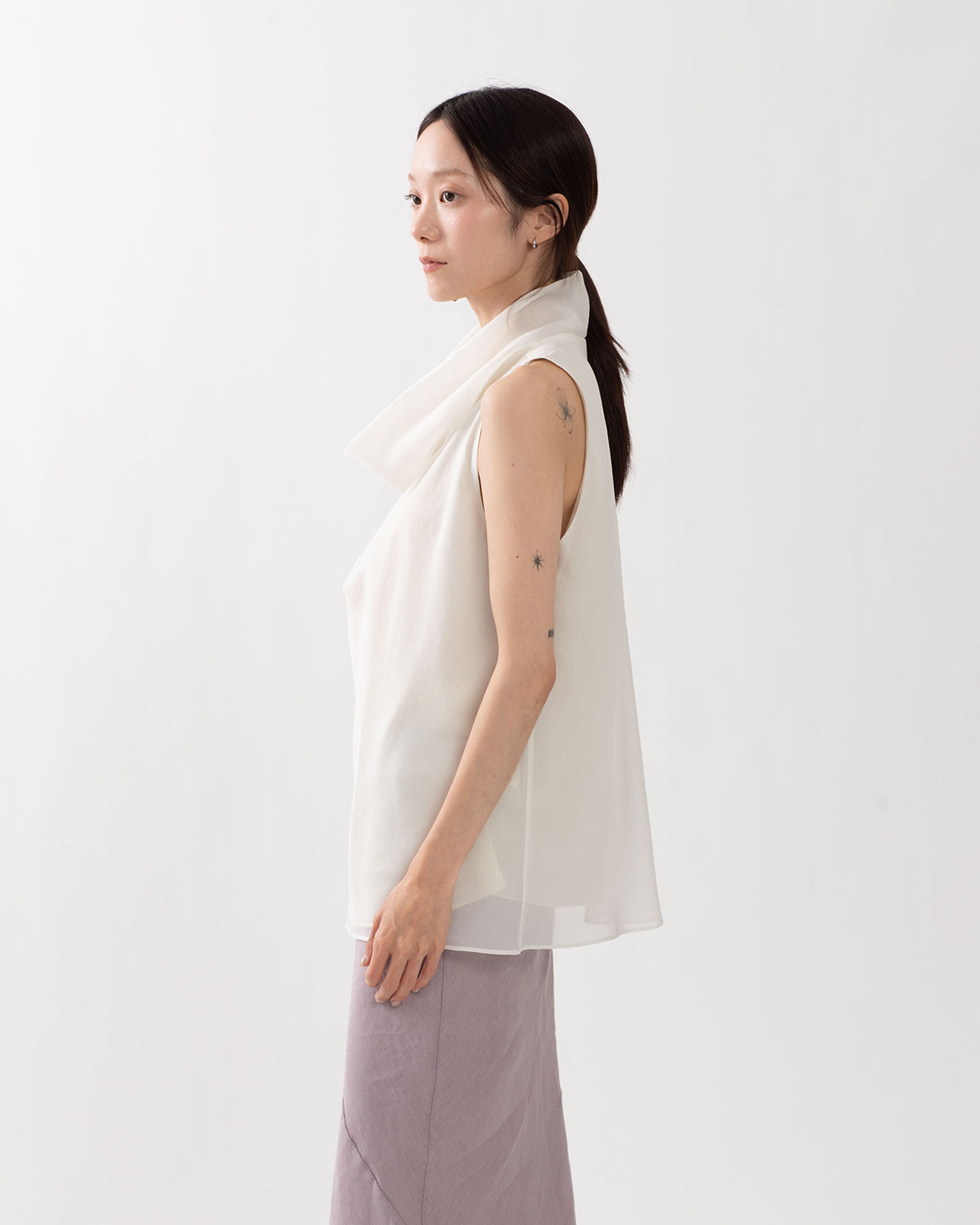 SHEER HIGH-NECK DRAPED TOP